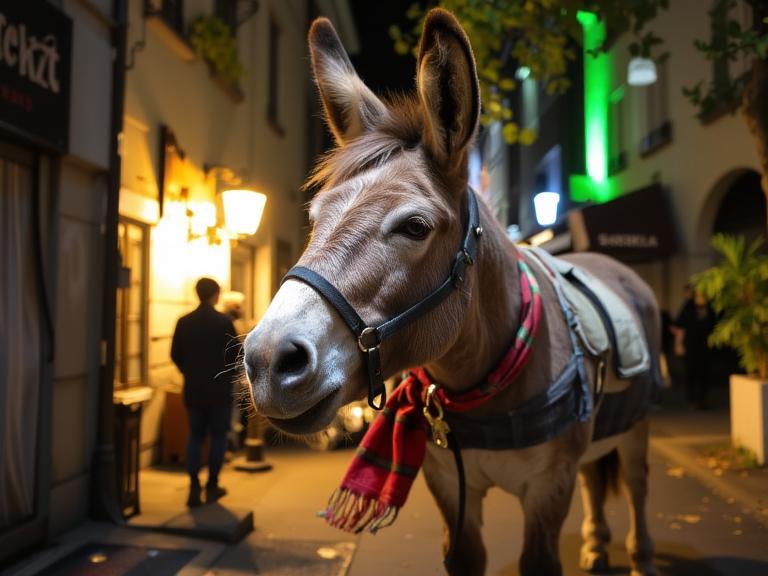 photograph, reminiscent of high fantasy RPG games, side view shot of a Shabby Chic Melting light weight traditional Australian Donkey from Shrek Translator, he is cosplaying as Ra