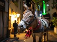 photograph, reminiscent of high fantasy RPG games, side view shot of a Shabby Chic Melting light weight traditional Australian Donkey from Shrek Translator, he is cosplaying as Ra
