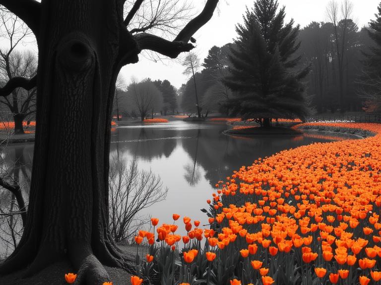 photograph, Golden ratio, landscape of a Dark Wave Art Delicate Oil Ocean Zone from inside of a Tulip garden, stylized