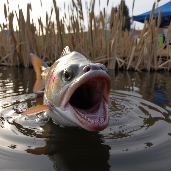 by Andy Singer and Casey Baugh and Reylia Slaby and Mariusz Lewandowski , photograph, hyper detailed, Dutch angle shot of a Trout of Envy