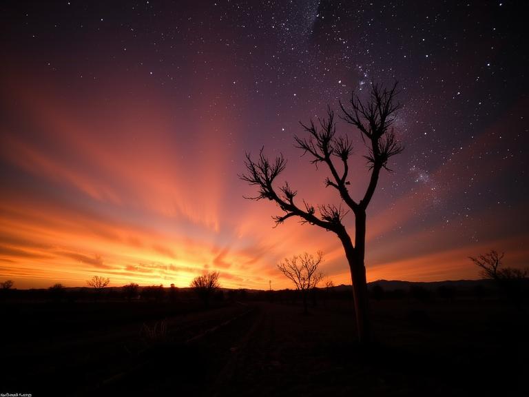 photograph, desolate flora and Lyra constellation in background, Intense, Rule of Thirds