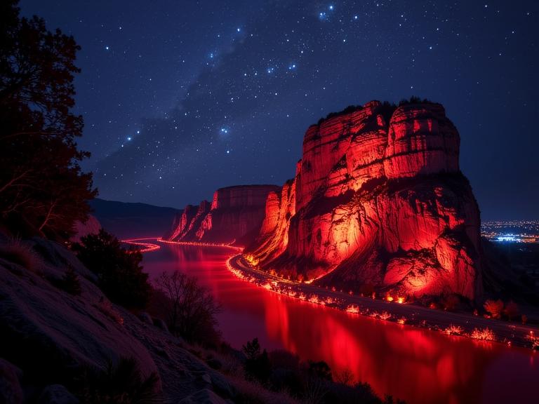 by Unica Z rn and Paul Rand and Beatrix Potter , photograph, made of Stars, landscape of a Neon Riverwalk from inside of a Headland