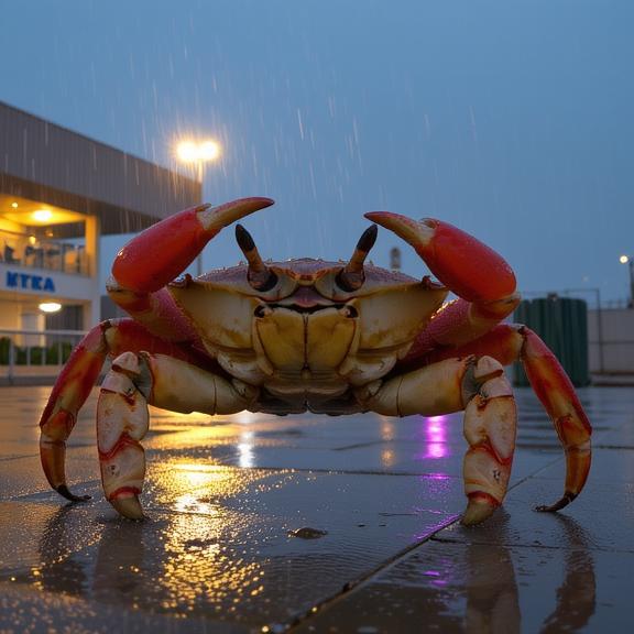 stylized by Tetsuo Hara , photograph, hyperrealism, full shot of a Terrorwave Wet Horseshoe Crab of Prudence