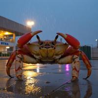 stylized by Tetsuo Hara , photograph, hyperrealism, full shot of a Terrorwave Wet Horseshoe Crab of Prudence
