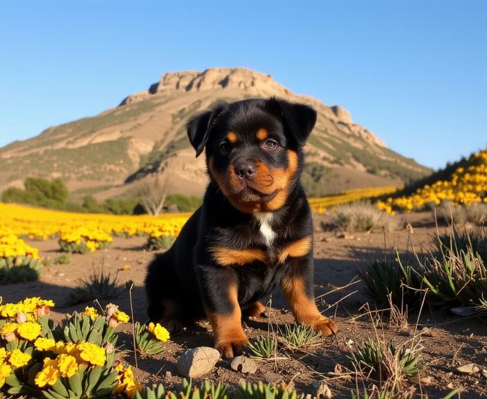 photograph, atmospheric landscapes and genre scenes, Fashion shot of a Rottweiler Puppy of The fallen , it is very Furry and Liquid