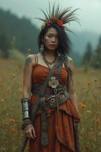 designed by Vivienne Westwood and Rick Owens , photograph, soft focus and intimate mood, full body shot of a rotund Mayan Female Mountaineer