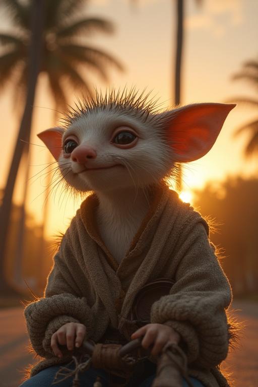 photograph, intricate background, angle from below of a Bustled Ethereal short Costa Rican Dobby , he is riding a Hedgehog