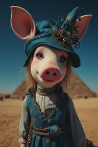 designed by Clifford Coffin and Patrick Demarchelier and Vivienne Tam and Philip Treacy , photograph, intricate background, zoomed out of a Common Small thin Art Nouveau Miss Piggy Steeplejack