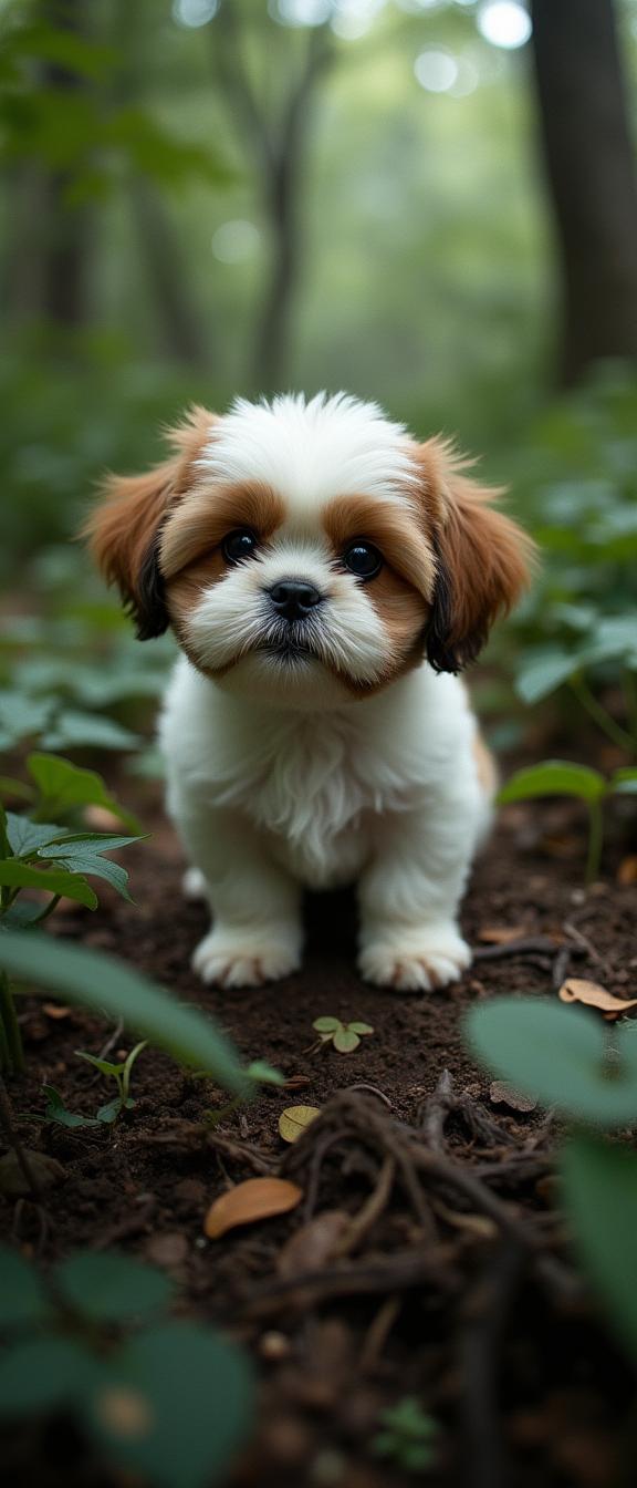 photograph, elegant, birds eye view shot of a Signature Hesitant Shih Tzu Puppy , insane details