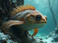 photograph, pleasant, view of a Flowing Pleated head of a Frogfish , inside a Dwarf The Yggdrasil Tree