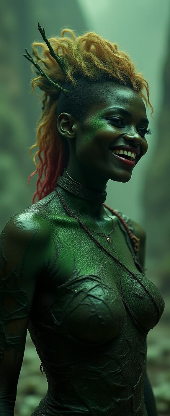 photograph, Golden ratio, cinematic shot of a Cyborg Verdant slender Congolese Fallen Paladin Daria , she is dressed up as Yennefer of Vengerberg character
