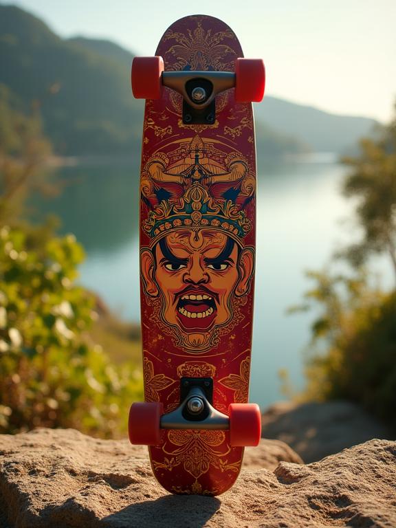 photograph, decal art, majestic, hip level shot of a Retro Delightful Yuan Dynasty Skateboard
