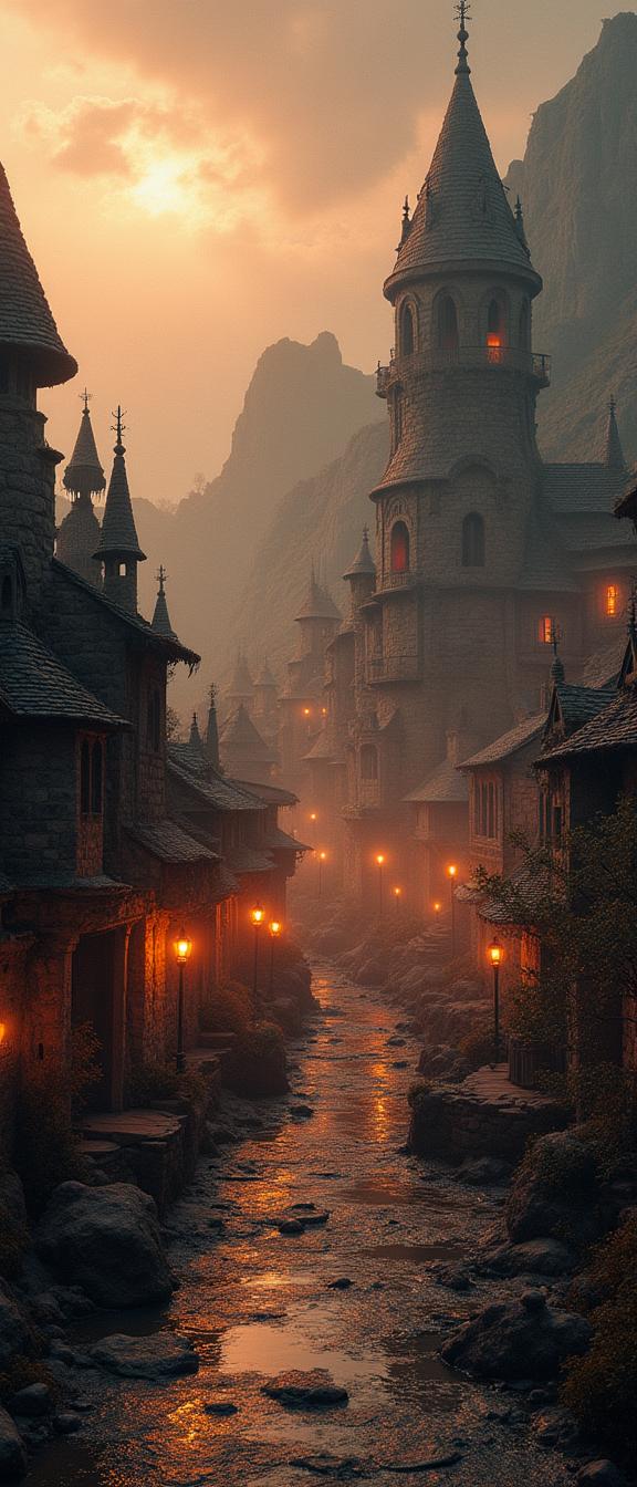 photograph, majestic, intricate details, landscape of a Resplendent Smooth Emberstone Hamlet of the Fiery Keepers from inside of a Space junkyard