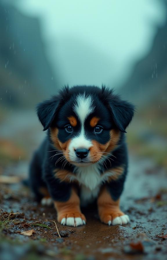 by Chris Cunningham , photograph, insane details, POV shot of a pokemon style Bernese Mountain Puppy