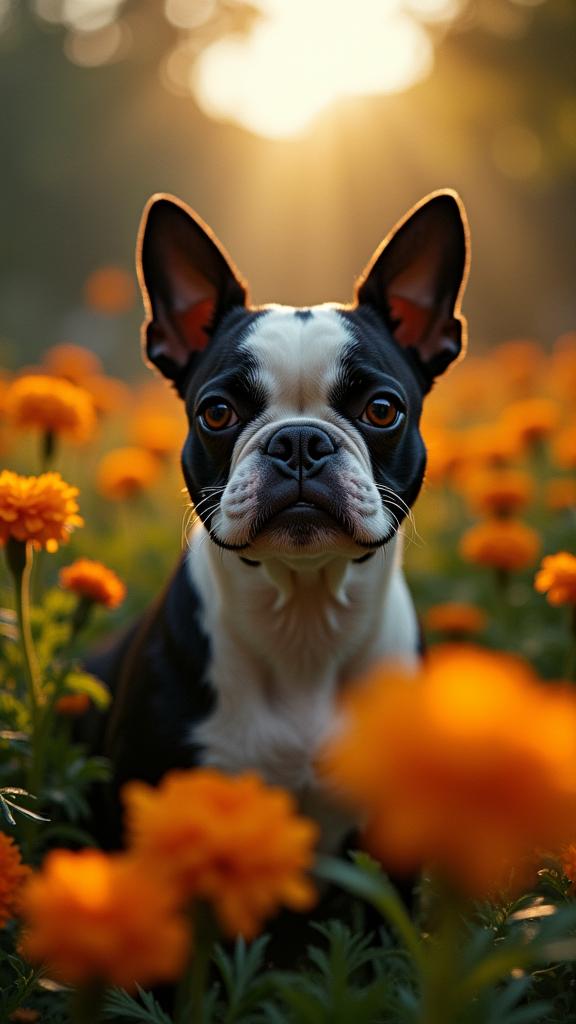 photograph, fairy tale, hip level shot of a Boston Terrier , it is very Narrow and Hostile