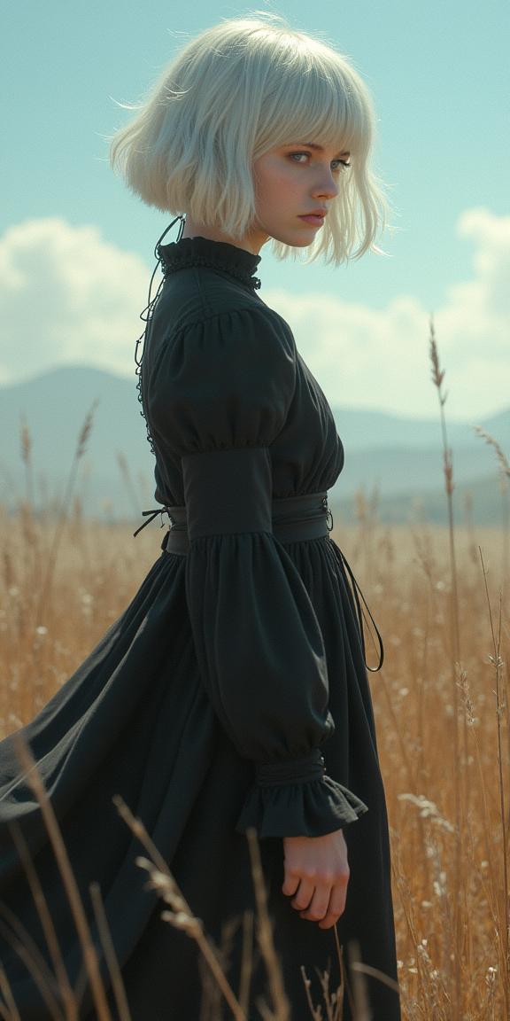 photograph, majestic, Landscape of a Delicate Provoking strong Classical Female Witch , she has Silver hairstyle