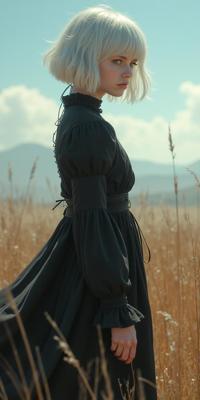 photograph, majestic, Landscape of a Delicate Provoking strong Classical Female Witch , she has Silver hairstyle