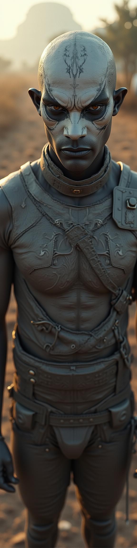photograph, highly detailed, Dutch angle shot of a Tactile Voyeuristic White and Charcoal Gray Tyrant Guard , pronounced masculine features background is Futuristic Campground