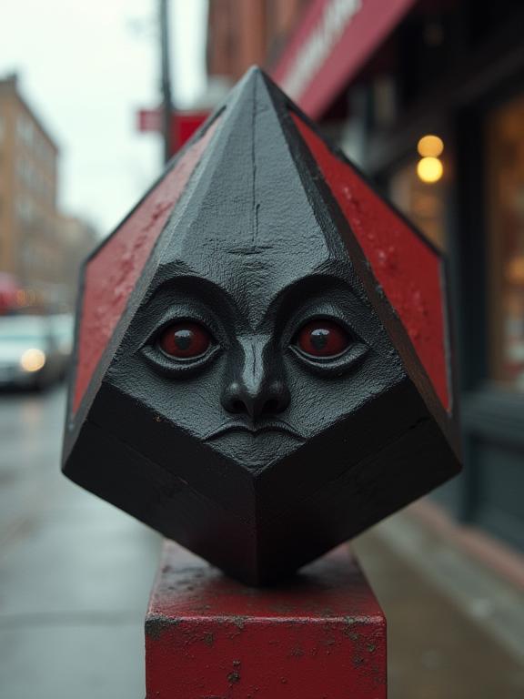 art by Tyler Rayburn , photograph, intricate details, modelshoot style shot of a lower class Minimalist Black and Maroon Greco Roman Octahedron