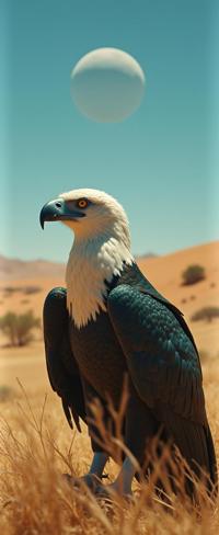 stylized by Antonio Mancini and Roger Deakins , photograph, fairy tale, zoomed out of a Organic Colorful White Bellied Sea Eagle