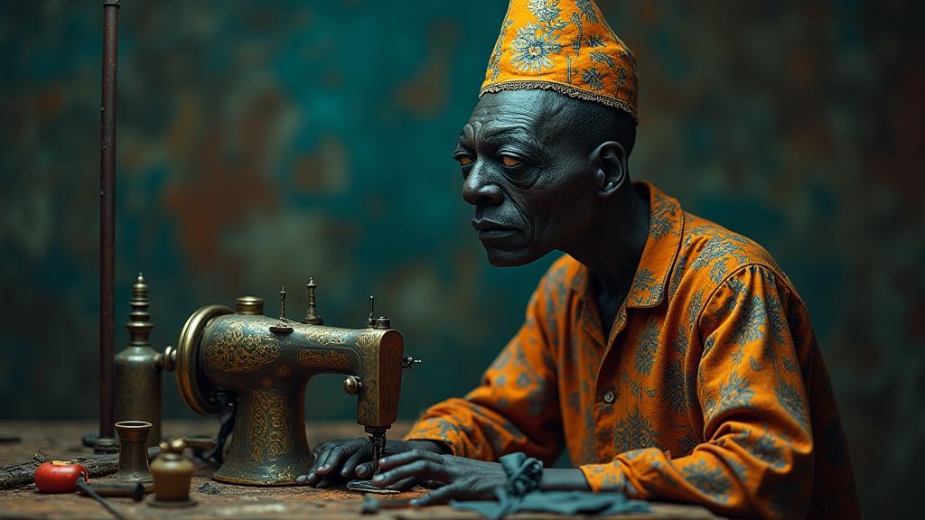photograph, Industrial Art, Peaceful, medium close up shot of a kalighat Overwhelmed large traditional Haitian Gible of Bounty as a Ravenclaw character