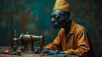 photograph, Industrial Art, Peaceful, medium close up shot of a kalighat Overwhelmed large traditional Haitian Gible of Bounty as a Ravenclaw character