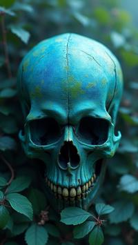 photograph, majestic, High exposure of a Blue, Green and Aqua Byzantine Skull