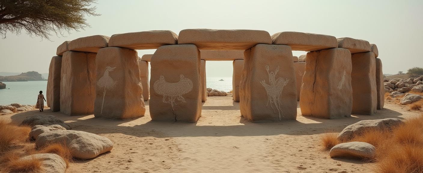 photograph, award winning, shot from behind of a Satin Tiki Neutral Ethiopian Stonehenge , it is engraved with Merino wool and White patterns