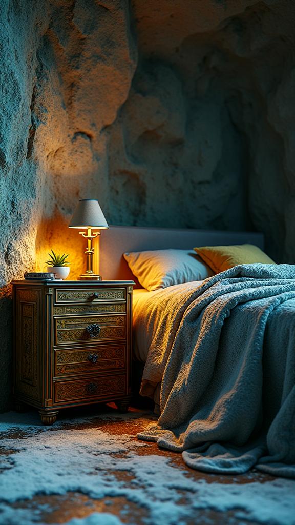 designed by Matti Suuronen and Dariusz Klimczak , photograph, concept art, over the shoulder shot of a Infused Vintage Dark ages Nightstand