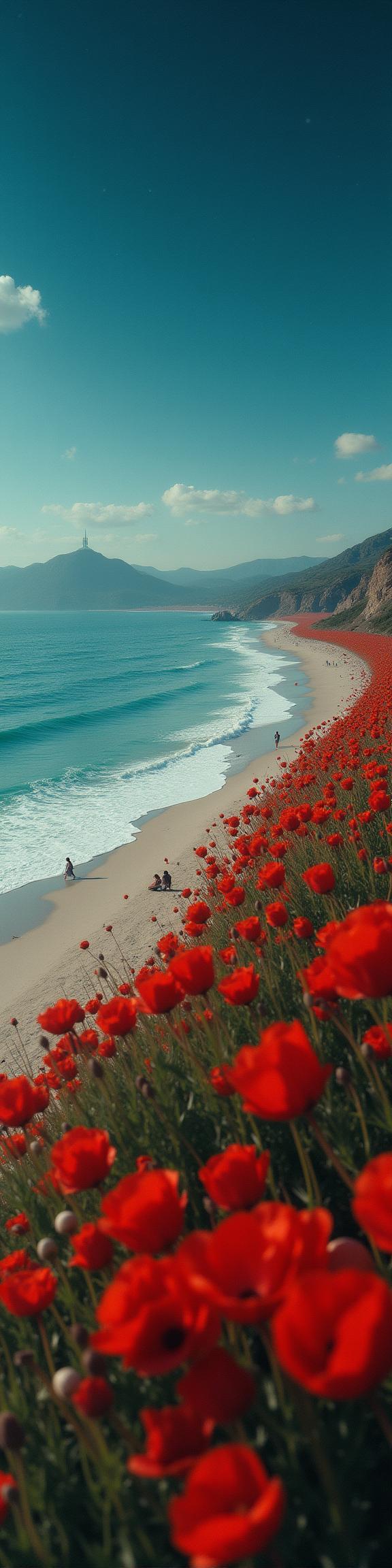 by Mario Testino and Joel Sternfeld and Larry Sultan , photograph, elegant, landscape of a Elastic Mundane Beach in the distance there is a Danceclub