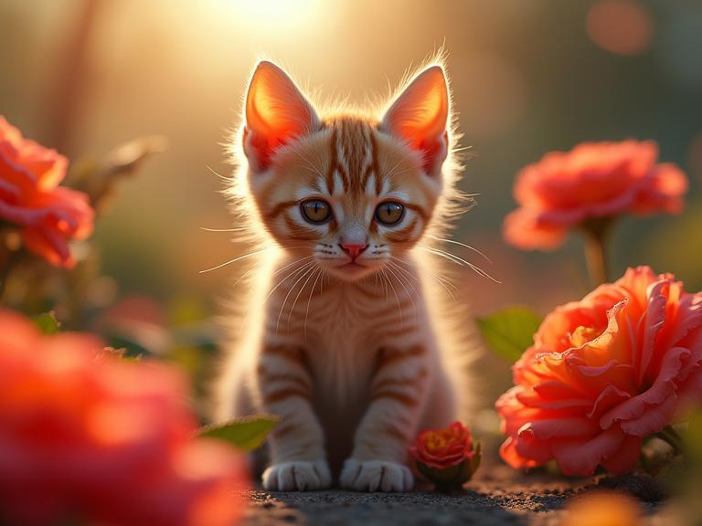photograph, concept art, knee level shot of a Human Dimensional Exotic Shorthair Kitten , Warm garden in background