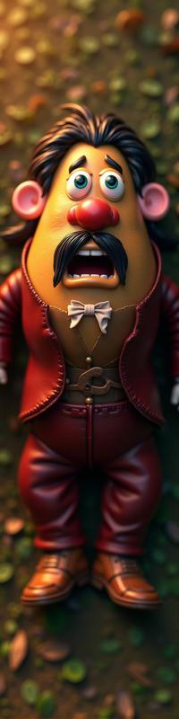 photograph, masterpiece, top down view of an obese Cameroonian Mr Potato Head from Toy Story of Electricity , he is very Seductive and Rusty