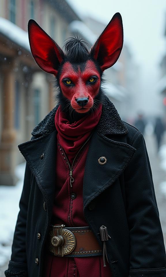 photograph, Rule of Thirds, theatrical effects, Street level shot of an in a very Disciplined Black and Ruby Red traditional Gamer Tweed Western wear