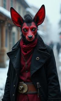 photograph, Rule of Thirds, theatrical effects, Street level shot of an in a very Disciplined Black and Ruby Red traditional Gamer Tweed Western wear