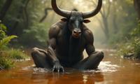 designed by Gabriele Viertel , photograph, intricate background, cinematic shot of a Calming Thought Provoking broad shouldered Cottagecore Male Minotaur of Justification