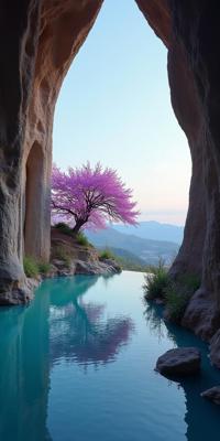 photograph, award winning, landscape of a Tiny Sovereign Lavender and Mint Salt Marsh from inside of a Sagrada Familia, dark rainbow hillside with Cherry blossom tree