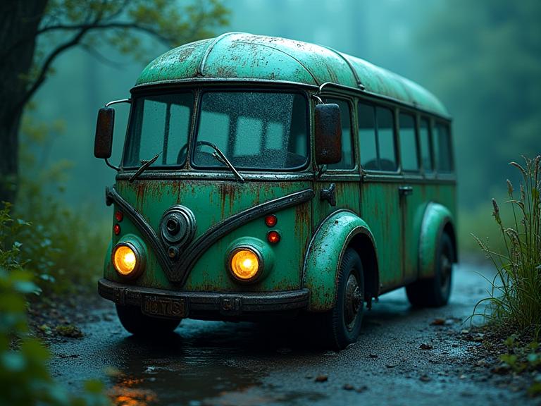 photograph, Lime green theme , Dutch angle shot of a Bewitching Shattered Techno Bus , it is anthropomorphic with a face