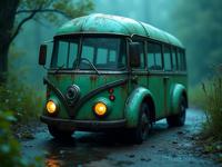 photograph, Lime green theme , Dutch angle shot of a Bewitching Shattered Techno Bus , it is anthropomorphic with a face