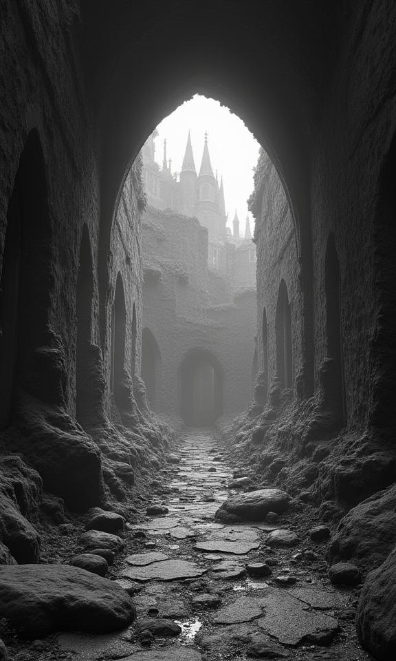 photograph, intricate background, landscape of a Ruined S Isengard from inside of a Brussels, leopard print Portal to the faerie realm and city