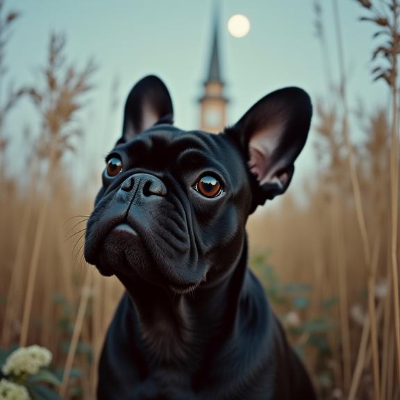 photograph, elegant, stylized, selfie shot angle of a Angelic Pressured Neutral French Bulldog
