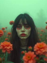 photograph, Rule of Thirds, selfie of a Abrasive Hyper Creative broad shouldered Celtic Female Activist , de dia los muertos she has all american hair