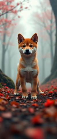 designed by Martin Rak , photograph, Amusing, medium wide shot of a Retrofuturistic Elastic Shiba Inu Puppy