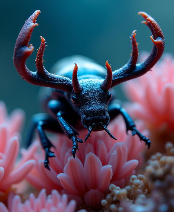 by Henriette Grindat and Steve Sack and Gerda Taro , photograph, behance, selfie shot angle of a Scrumptious Visionary Stag Beetle of Mercy