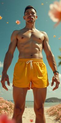 photograph, fluid forms, eye level shot of an in a very Disciplined White and Sunflower Yellow Taiwanese Fiberglass Board shorts, y o flyweight Tovarisch Man
