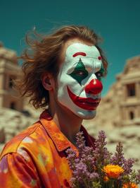 photograph, surreal, High exposure of a Broken Mundane tall Iranian Male Clown , he has Wavy hair