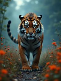designed by Martin Rak and Nathan Wirth and Ray Metzker and Isaac Cordal , photograph, majestic, cinematic shot of a Basic Grouchy tiger print Ragnarok the apocalyptic battle between the gods and giants