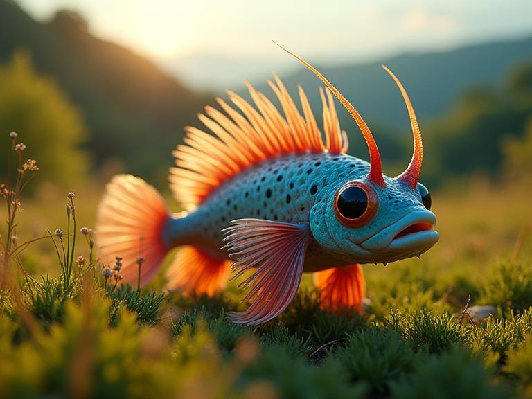 photograph, fairy tale, knee level shot of a Wet Horned hybrid Porcupine Fish , Verdant hillside in background