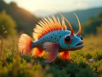 photograph, fairy tale, knee level shot of a Wet Horned hybrid Porcupine Fish , Verdant hillside in background