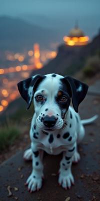 designed by David Plowden and Ruth Orkin , photograph, majestic, top down view of a Dalmatian Puppy