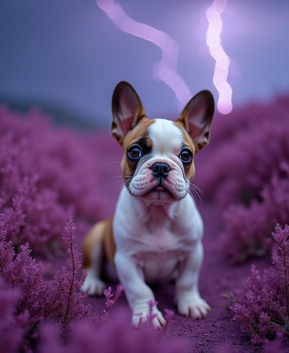 designed by Olivia Locher and Jack Spencer and Steve McCurry and Gjon Mili , photograph, best quality, medium shot of a Bridal Matte White and Maroon French Bulldog Puppy
